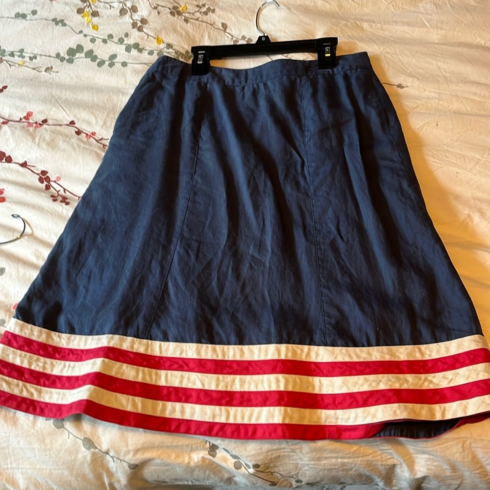 Boden a-line linen navy skirt with pink stripes